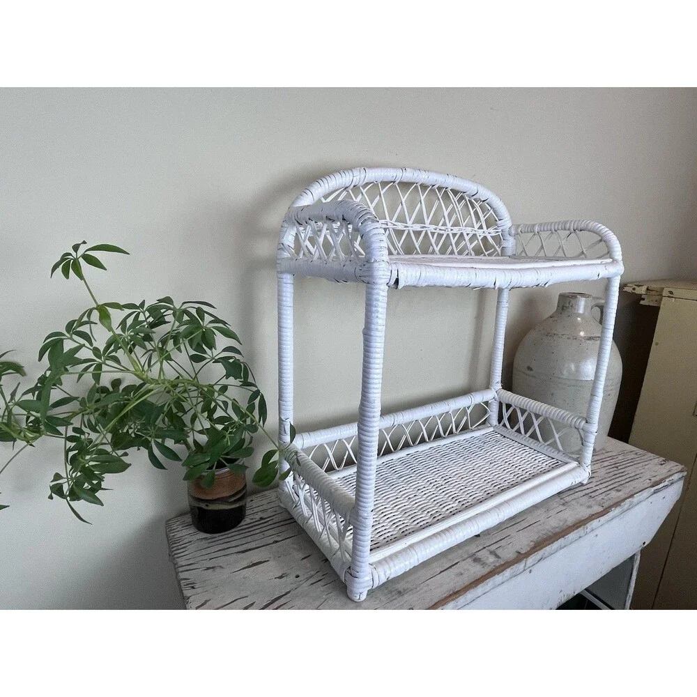 Vintage White Woven Wicker Two Tiered French Style Shelf 18”x18” Retro Boho